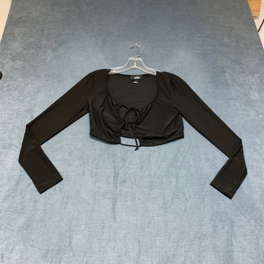Just Polly Crop Top Womens Medium Black Casual Long Sleeve Lace-Up Front Tie